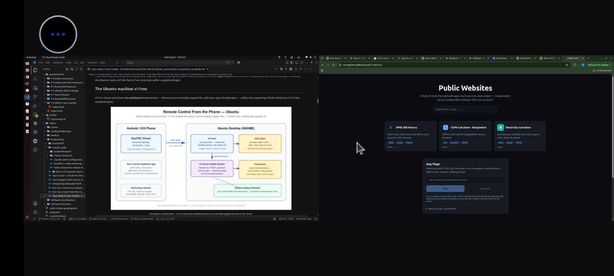Android phone in landscape running RealVNC Viewer, driving a dual-monitor desktop: a browser with a document on the left monitor and a terminal on the right monitor, both visible side by side in the single VNC session