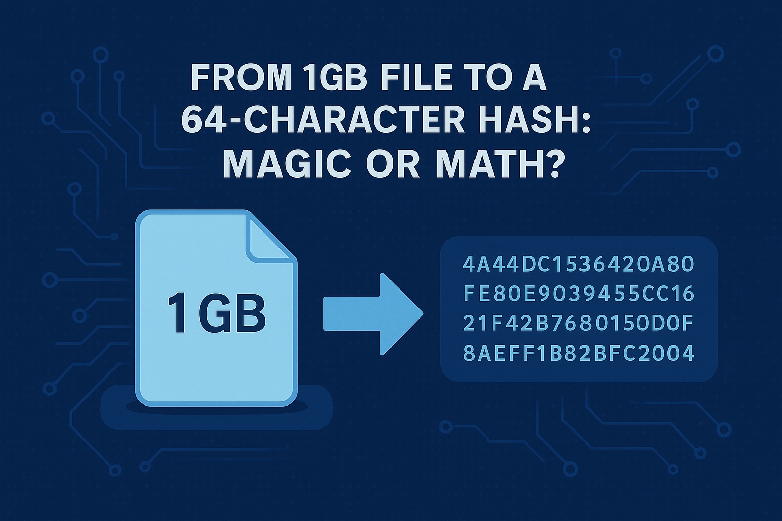 Illustration showing how file hashing turns a 1GB file into a 64-character hash